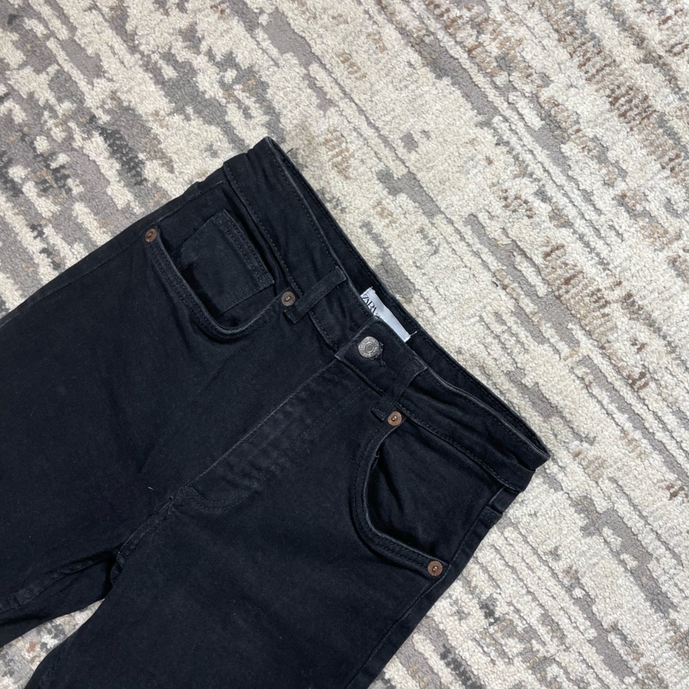 Zara Black Highrise Cropped Raw Hem Straight Leg Jeans Cotton - Picture 5 of 13